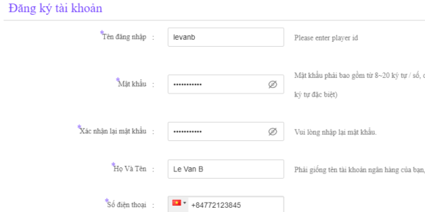 Điền thông tin đăng ký theo yêu cầu của nhà cái BET88